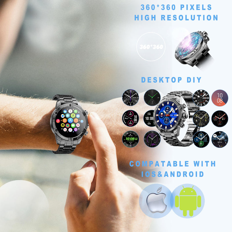 Men's Smart Watch Round HD 1.53" Gold Blue Smart Watches for Men, Multiple Sports Modes, Bluetooth Voice Call. Available for iOS and Android (Black Steel)