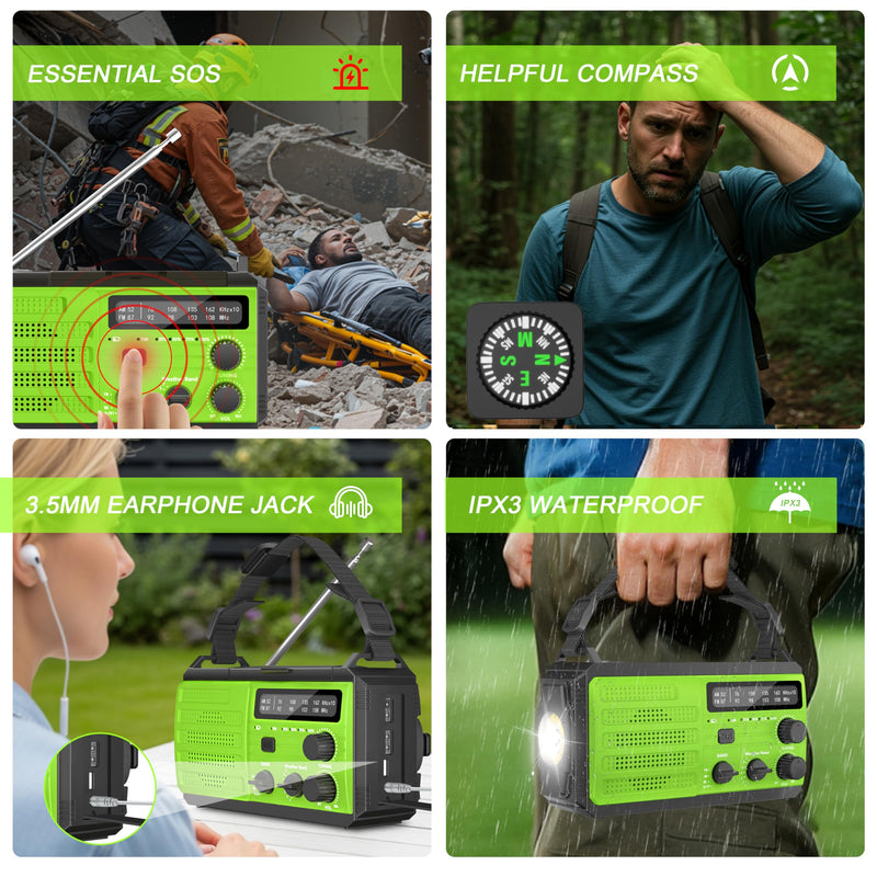 Emergency Radio with Solar & Hand Crank Radio 22200mWh (6000mAh) NOAA Emergency Weather Radio Alert, SOS Alarm, AM/FM, Hand Crank Flashlight, Compass for Tornado, Winter Storm, and Survival Kits Green