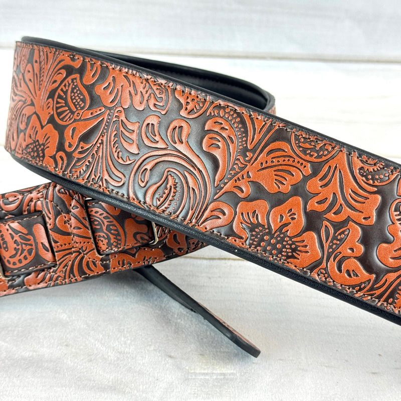 Walker & Williams G-973 Handmade Brown And Latigo Tan Western Embossed Guitar Strap with Soft Padded Back For Acoustic, Electric, And Bass Guitars