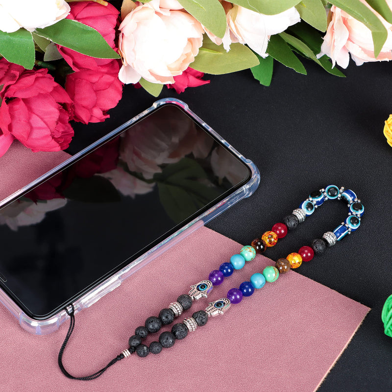 Chakra Phone Charm Lanyard Cell Phone Wrist Strap Relax Anxiety Natural Healing Beaded Keychain for Women Men Chakra+evil Eye