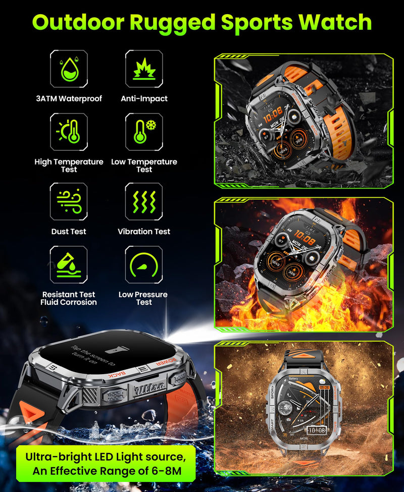 Joautrial Military Smart Watch for Men Built-in GPS with LED Flashlight Compass, 2.13" AMOLED Tactical Smart Watches with Answer/Make Calls, 3ATM Waterproof Fitness Tracker for iPhone Android (Black) Black