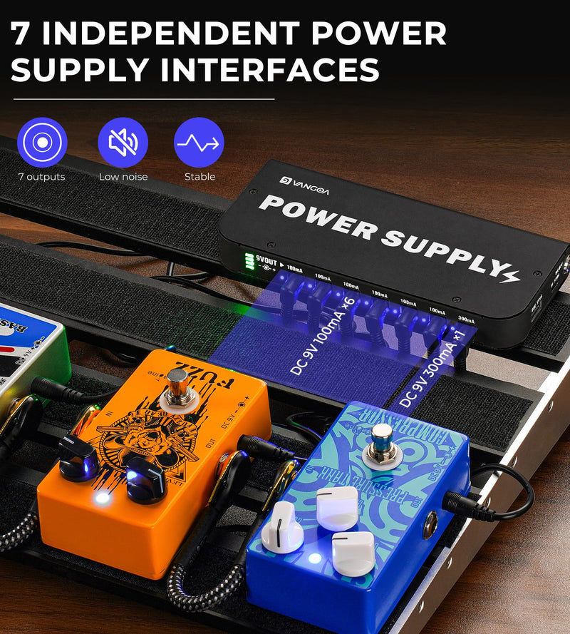 Vangoa Rechargeable Guitar Pedal Power Supply Built-in 4600mAh Battery with LED Indicator 7 Outputs DC 9V (300mA, 100mA), 5V/1A USB Port, Portable Guitar Pedal Power Supply, Black, PS-01 6.9''*3''*0.9''