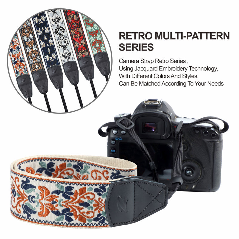 Padwa Lifestyle Camera Strap - 2" Retro Jacquard Embroidery Camera Straps Adjustable,Wide Camera Neck/Shoulder Strap with Genuine Leather Head for All DSLR/SLR Digital Cameras(White Classic Flower) Vintage Elegant White 2"Wide / Adjustable 39~57"