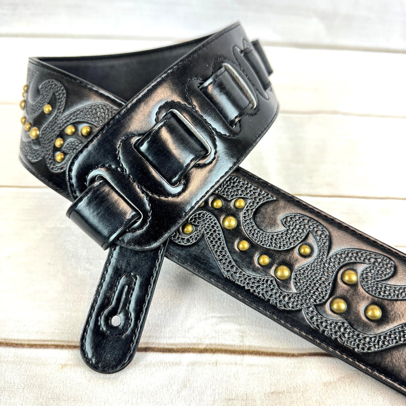 Walker & Williams GE-217 Midnight Blue Handmade Padded Leather Guitar Strap with Celtic Tooling and Brass Studs For Electric, Acoustic, And Bass Guitars