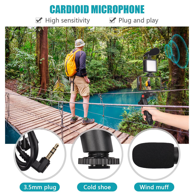 Mini Smartphone Vlog Kit with LED Video Light, Cardioid Microphone, Extendable Phone Clip, Adjustable Brightness Tripod for Live Streaming, Vlogging, Video Conferencing & Selfies