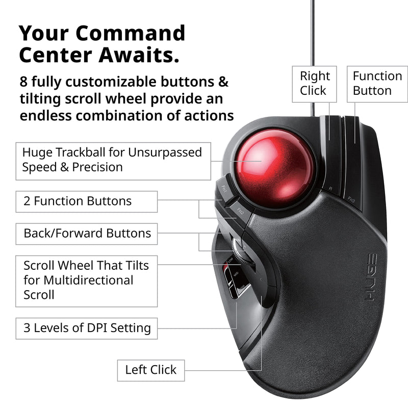 ELECOM HUGE Trackball Mouse, Wired, Finger-Operated, 8-Button Function, Precision Optical Gaming Sensor, Palm Rest Attached, Windows11, macOS (M-HT1URBK) Wired Trackball Mouse