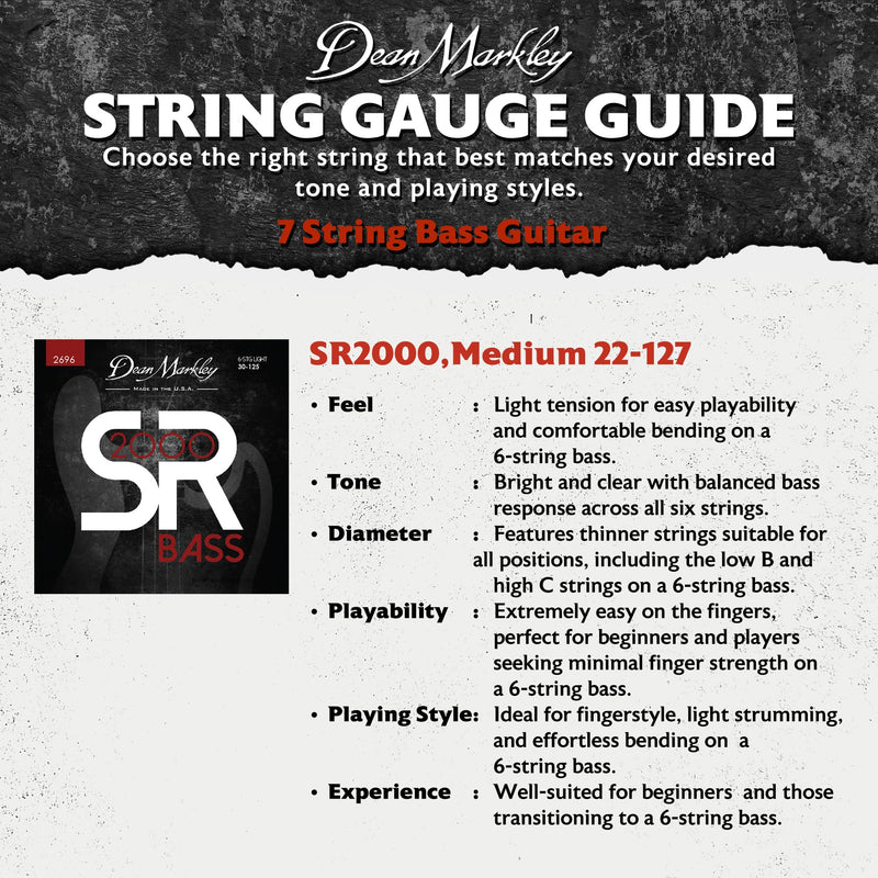 Dean Markley SR2000 Stainless Steel Bass Guitar Strings 7 String Set, 22-127 Medium Custom 7 String Bass Guitar, Silky Smooth Bass Strings with Long Lasting and Full Tone, Made in the USA