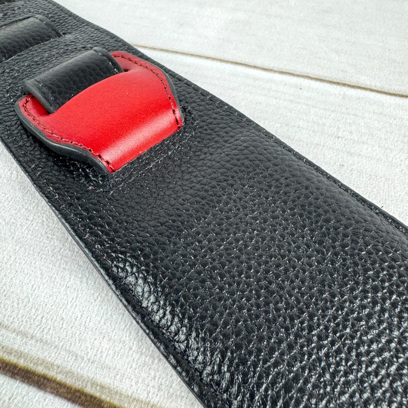 Walker & Williams LIH-3 Cherry Burst Red Hand Carved Premium Leather Guitar Strap With Black Zodiac Star Design And Premium Padded Leather Back For Acoustic, Electric, And Bass Guitars