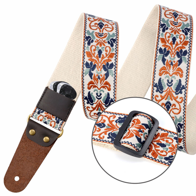 Nefelibata Guitar Strap, 2" Jacquard Embroidery Guitar Straps, Full Grain Leather Ends with Hidden Pocket, for Bass, Electric and Acoustic Guitars, Free Buckle, Strap Lock and Guitar Picks Golden Jacquard