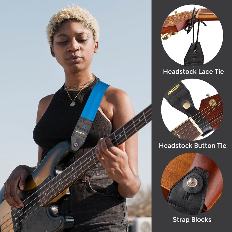 Amumu DURALINK Nylon Seatbelt Guitar Strap with Top Grain Leather Ends for Acoustic, Electric, Bass Guitar, with Quick-Fetch Pick Holder -Blue Blue