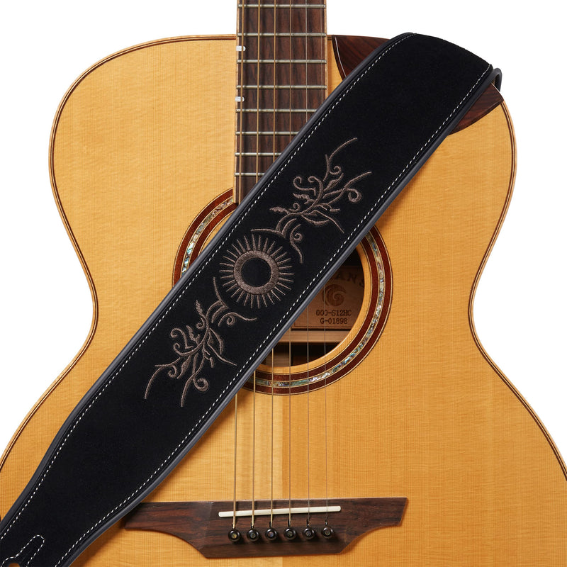 [AUSTRALIA] - Amumu Embroidered Suede Leather Guitar Strap for Acoustic, Electric and Bass Guitar - Black Sun-flower Embroidered 