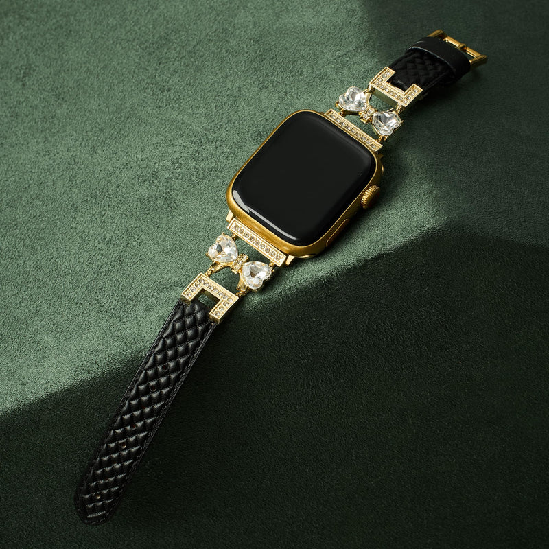 Diamond Bowknot Grainy Genuine Leather Watch Band, Compatible with Apple Watch Series 11/10/9/8/7/6/5/4/3/2/1/Ultra/SE, for 38/40/41/42/44/45/49/46mm, Dreesy Strap Black & Gold 42(Series 10-11)/38/40/41mm