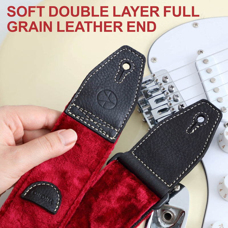 Guitar Strap 2 inch Velvet Guitar Straps with Full Grain Leather End, for Bass Electric and Acoustic Guitars, Free Strap Button, 2 Strap Locks and 4 Guitar Picks Red