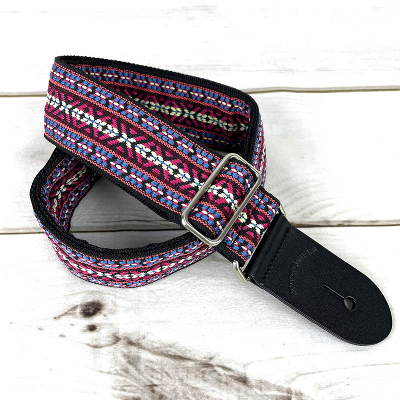 [AUSTRALIA] - Walker And Williams H-19-M Vintage Series Guitar Strap Red, Blue & Cream Yucatan Style Weave With Thick Leather Ends For Acoustic, Electric, And Bass Guitars 