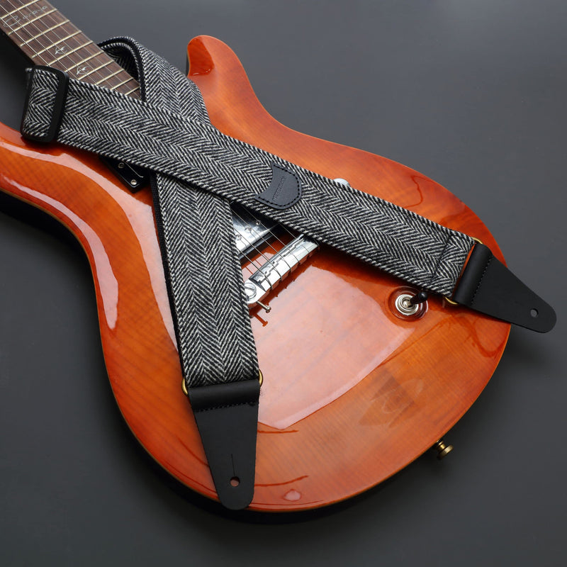 Nefelibata Guitar Strap, Soft Cashmere-containing Fabric Full Grain Leather End Guitar Straps for Bass, Electric and Acoustic Guitars, Come with Free Button, Locks and Guitar Picks Black & White Twill