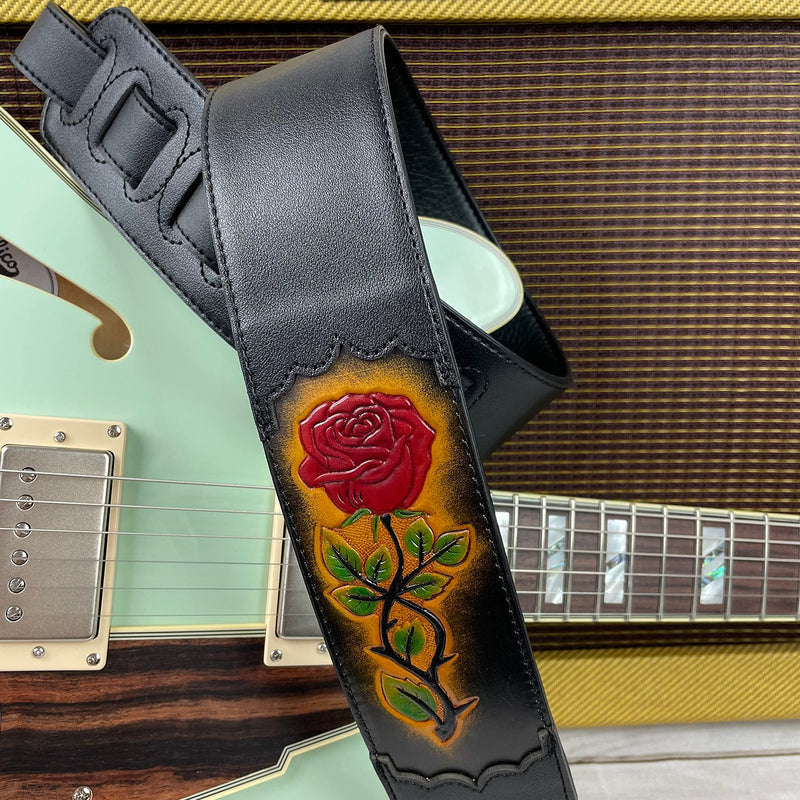 Walker & Williams CVG-56 Black Leather Strap With 100% Hand Tooled Red Rose Design