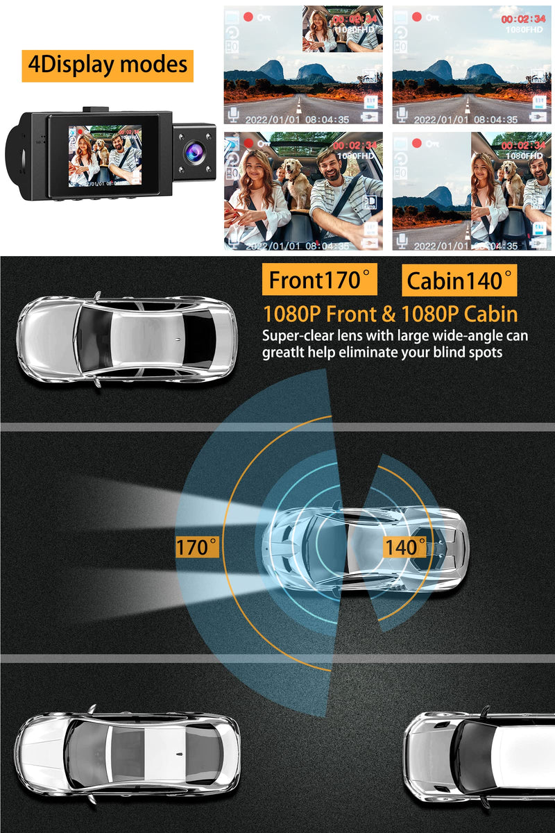 Dual Dash Cam Front and Inside with 64GB Card, FHD 1080P Dash Camera for Cars Dashcams for Cars with Infrared Night Vision Car Camera 24H Park Monitor Motion Detection G-Sensor for Taxi Uber