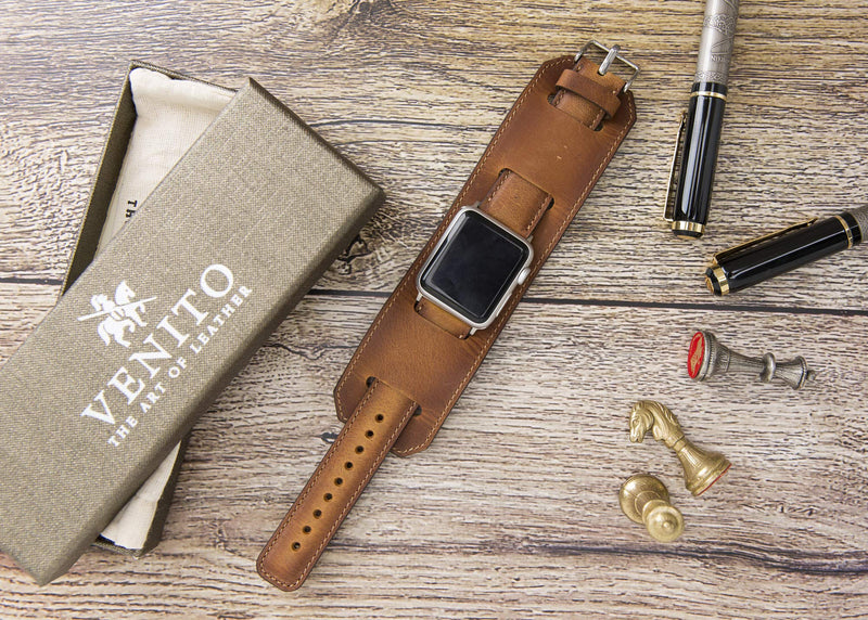Venito Ancona Cuff Handmade Premium Leather Watch Band for Apple Watch iwatch Series 1,2,3,4,5,6,7,8,9,10,11 and SE 1,2,3 (45/44/42/41/40/38mm), (Antique Brown w/Silver Connector&Clasp)