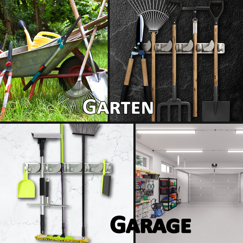 Space-saving tool holder [set of 2] - aluminium profile with 4 individually positionable brackets and 5 hooks [for brooms, garden tools, tools] - ideal in garage, workshop and garden