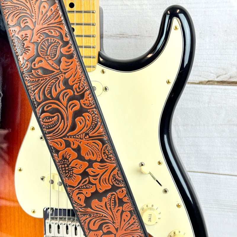 Walker & Williams G-973 Handmade Brown And Latigo Tan Western Embossed Guitar Strap with Soft Padded Back For Acoustic, Electric, And Bass Guitars