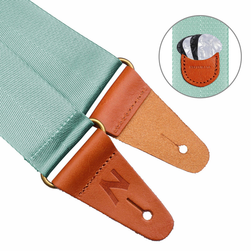 Nefelibata Guitar Strap with Pick Pocket, Vintage Nylon Full Grain Leather Ends Guitar Straps for Bass, Electric & Acoustic Guitar, Come with Free Strap Button, 1 Pair Strap Locks and 4 Guitar Picks Single Leather Ends O# - Light Green