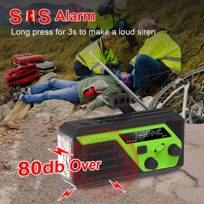 Hand Crank Emergency Radio, 6000mAh AM/FM/NOAA Weather Radio, Hand Crank Radio with 4 Built-in Cable, Emergency Weather Radio with Quickly Phone Charger, SOS Alarm for Emergency Winter Storm Green