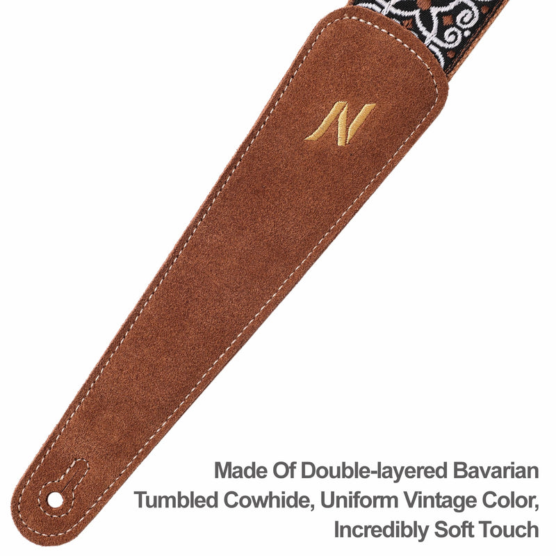 Nefelibata Guitar Strap, with Extended Soft Brown Suede Leather Ends for Bass Acoustic Electric Guitar, Free with Lock and Head Strap Yellow Flowers