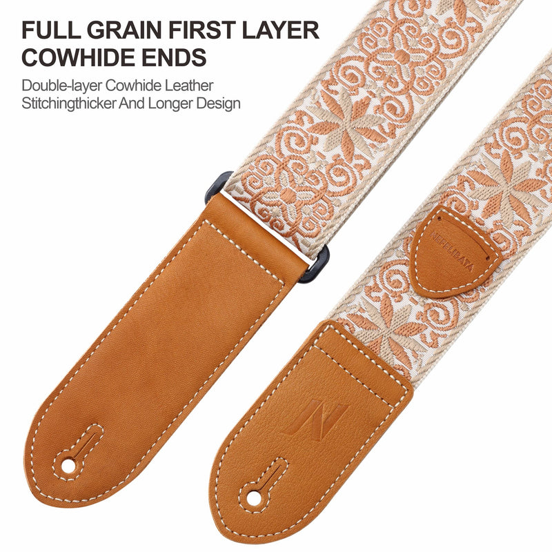 Nefelibata Guitar Strap,Double leather ends,Vintage Woven W/FREE BONUS-4 Picks+Strap Locks+Strap Button,Best Gift For Bass,Electric&Acoustic Guitars for Guitar(Vintage khaki yellow embroidery) A#-vintage Khaki Yellow Embroidery