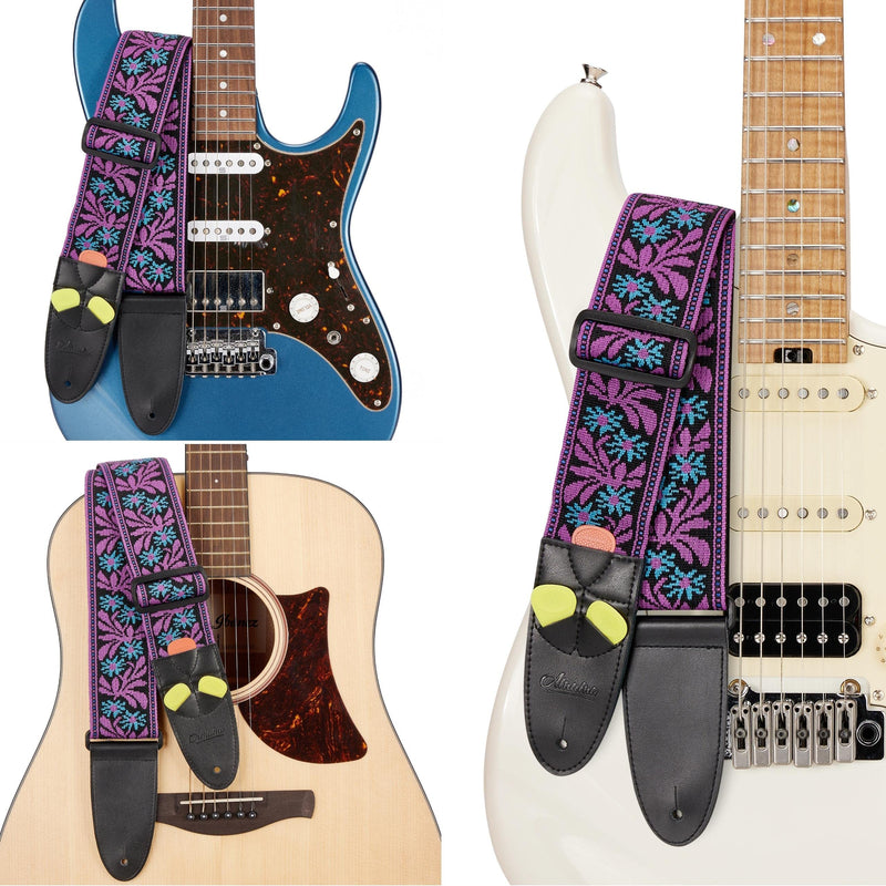 Amumu Guitar Strap Jacquard Purple Blue Flower for Bass, Electric & Acoustic Guitar Accessories