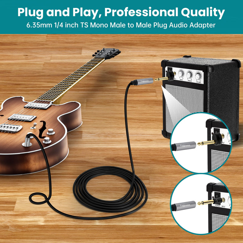 Gold-Plated Guitar Pedal Effects Patch Connector Coupler 10 Pack，6.35mm to 6.35mm Adapter, Angle 1/4 Quarter Inch TS Mono Male to Male Jack Plug, Audio Converter Premium Quality Series