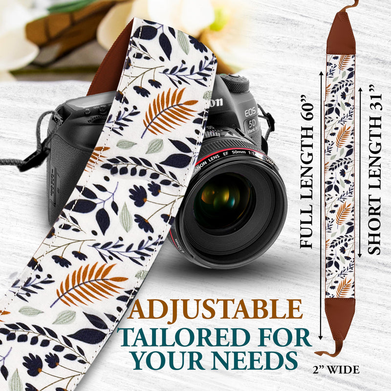 Camera Strap for DSLR and Mirrorless Camera , Shoulder Neck and Crossbody Strap with Soft Padded Webbing, Cotton Pattern for Men & Women, Best Gift for Photographers, White Leaves Classic Design A White Leaves