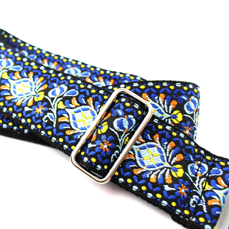 Walker & Williams H-29-CHR Vintage Series Blue Cheer Woven Hippie Guitar Strap With Brushed Nickel Hardware And Thick Leather Ends For Acoustic, Electric, And Bass Guitars