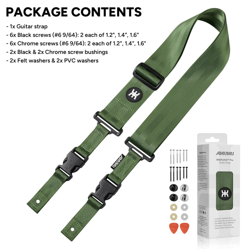 [AUSTRALIA] - Amumu SNAPLOCK Pro Guitar Strap - Quick-Release Buckle, Screw Fasten Ends, Quick-Fetch Pick Holder, Adjustable 38"-57", Fits Bass, Electric Guitars, Gift for Guitarists, Army Green 
