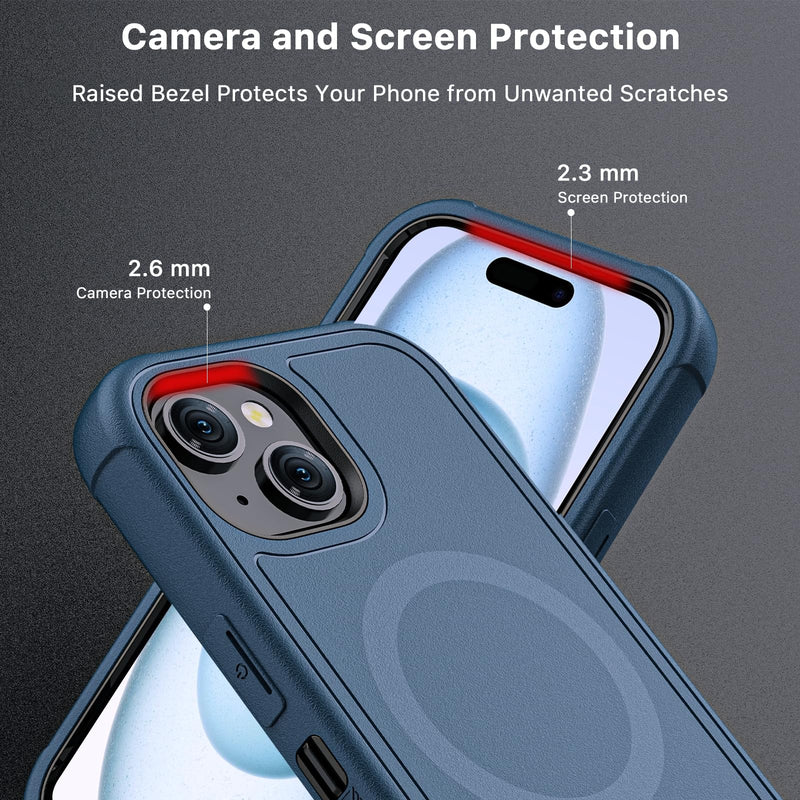 M MYBAT PRO Maverick Series iPhone 15 Case with Belt Clip Holster,[Compatible with Magsafe] w/Screen Protector,Anti-Drop,Shockproof,with 360°Rotating Kickstand,Heavy Duty Protection Blue