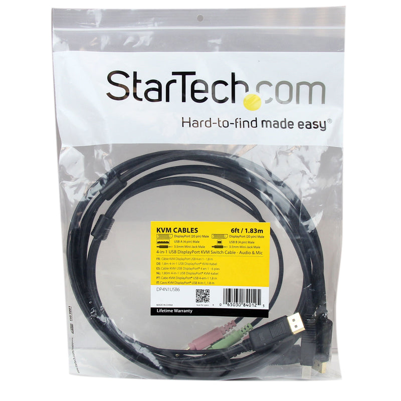 StarTech.com 6ft 4-in-1 USB DisplayPort KVM Switch Cable w/Audio & Microphone (DP4N1USB6),Black | Latching DisplayPort, Single bundled cable for keyboard video mouse, Gold plated connectors, Molded strain relief