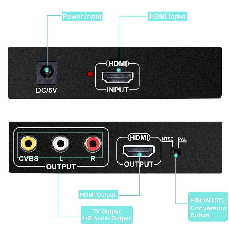 HDMI to RCA and HDMI Adapter Converter, NEWCARE HDMI to HDMI+3RCA CVBS AV Composite Video Audio Adapter/Splitter, with Power Adapter Support 1080P, PAL, NTSC, for HD TV, Older TV,Camera, Monitor, etc