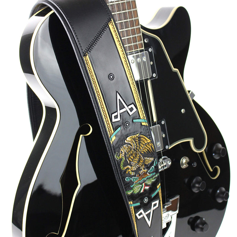 [AUSTRALIA] - Walker And Williams KB-52-BLK Handmade Heritage Series Black Leather Guitar Strap With Hand Carved And Painted Mexican Coat Of Arms Design For Acoustic, Electric, And Bass Guitars 
