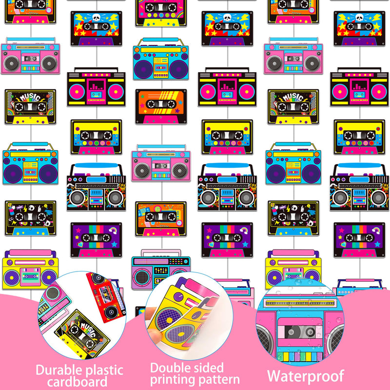 Cassette Tape and Boom Box Garlands 6PCS 80s Party Decorations Retro Radio Cassette Tape Paper Garland Banners 1980s Hanging Decor for 70s 90s Hip Hop Theme Birthday Party Supplies