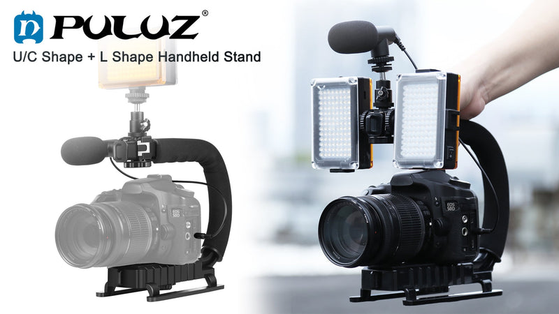 PULUZ U/C Shape Video Action Stabilizing Handle Grip Handheld Stabilizer Kit with Phone Clamp & Quick Release Buckle & Long Screw for Canon Sony Nikon Cameras and Home DV Camera Smartphones stabilizer kits 1