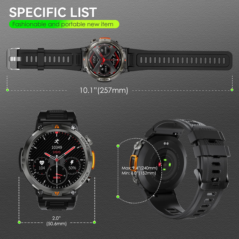 Military Smart Watch for Men with LED Flashlight 1.45" HD Bluetooth Calling | Rugged Tactical Smartwatch, Outdoor Sports Fitness Tracker Watch with Heart Rate Sleep Monitor for iPhone Android Phone Black + Extra Stainless Steel Band