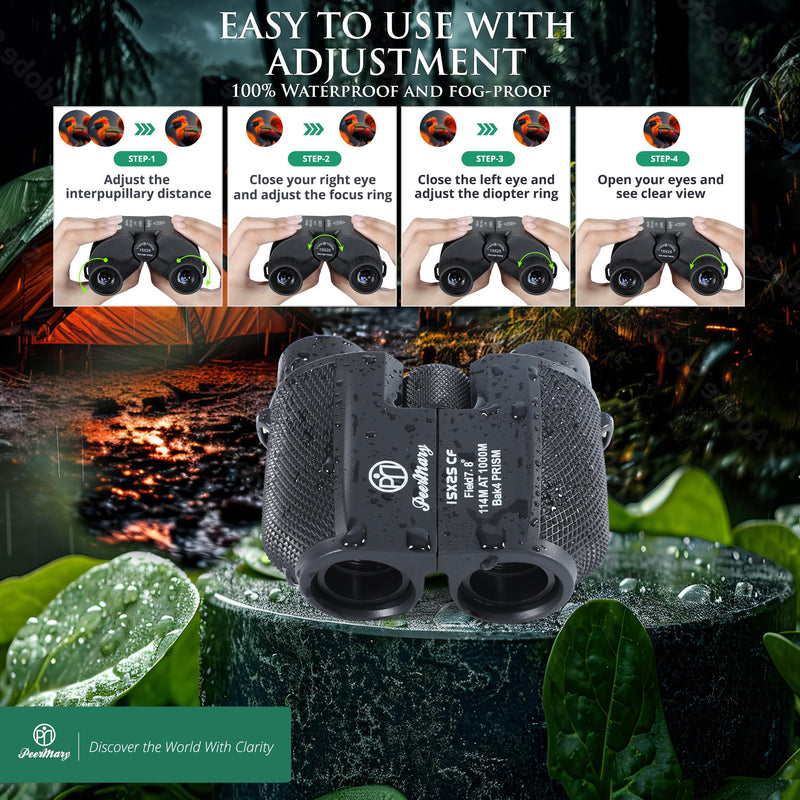 Binoculars 15x25 for Adults and Kids BAK4 Prism for Brighter & Sharper Image - FMC Prevent Surface Reflection & Boost Light for Bird Watching, Outdoor Hunting, Travel, Compact & Low Light Vision