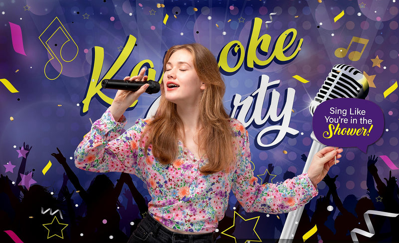 Karaoke Party Decoration Kit - Includes Photography Backdrop & 10 Studio Selfie Photo Booth Props with Sticks - Music Disco Theme Studio Background Banner Birthday Supplies Karaoke