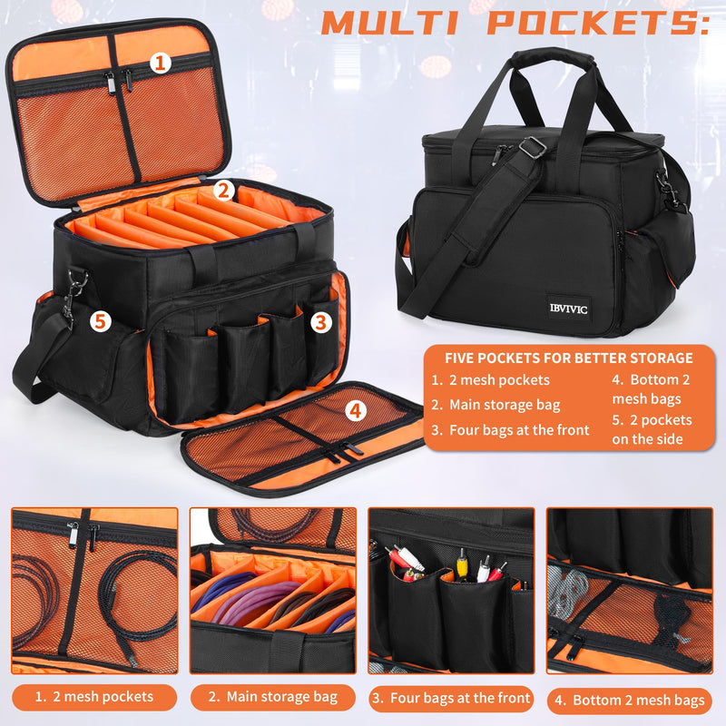 DJ Cable File Bag with 6 Detachable Dividers Gig Cable Bag for Cords,DJ Gear,Sound Instrument and Accessories 12"x8"x8" Black Orange 12Lx 8Wx 8H inch