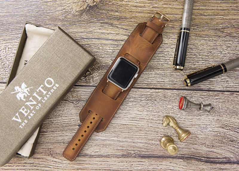 Venito Ancona Cuff Handmade Premium Leather Watch Band for Apple Watch iwatch Series 1,2,3,4,5,6,7,8,9,10,11 and SE 1,2,3 (45/44/42/41/40/38mm), (Antique Brown w/Rose Gold Connector&Clasp)