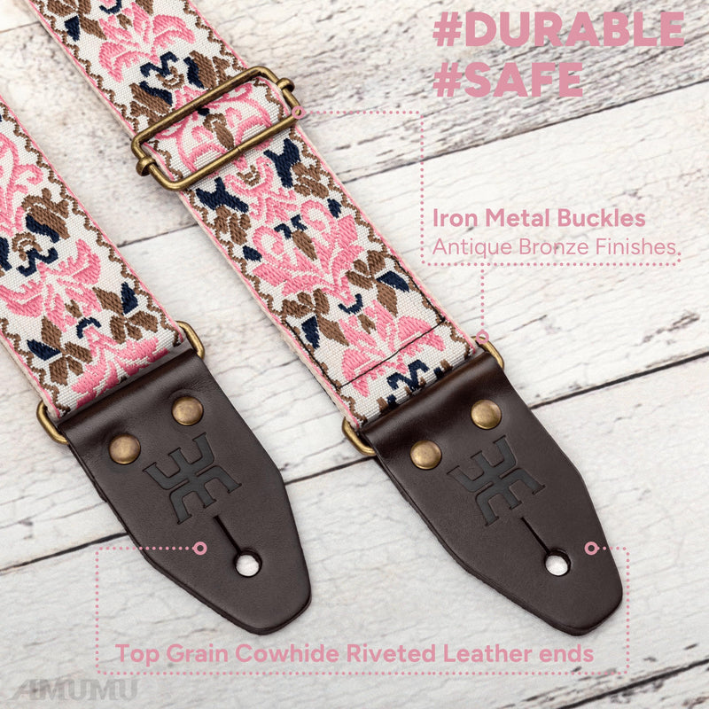 Amumu Pink Spades Heart Embroidery Guitar Strap - Vintage Style with Top Grain Cowhide Leather Ends & Pick Pocket - Fits Bass, Electric, Acoustic Guitars