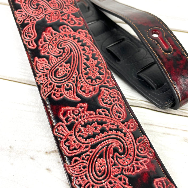 Walker & Williams GB-30 Handmade Fire Wine Red Padded Leather Guitar Strap with Vintage Paisley Pattern For Acoustic, Electric, And Bass Guitars