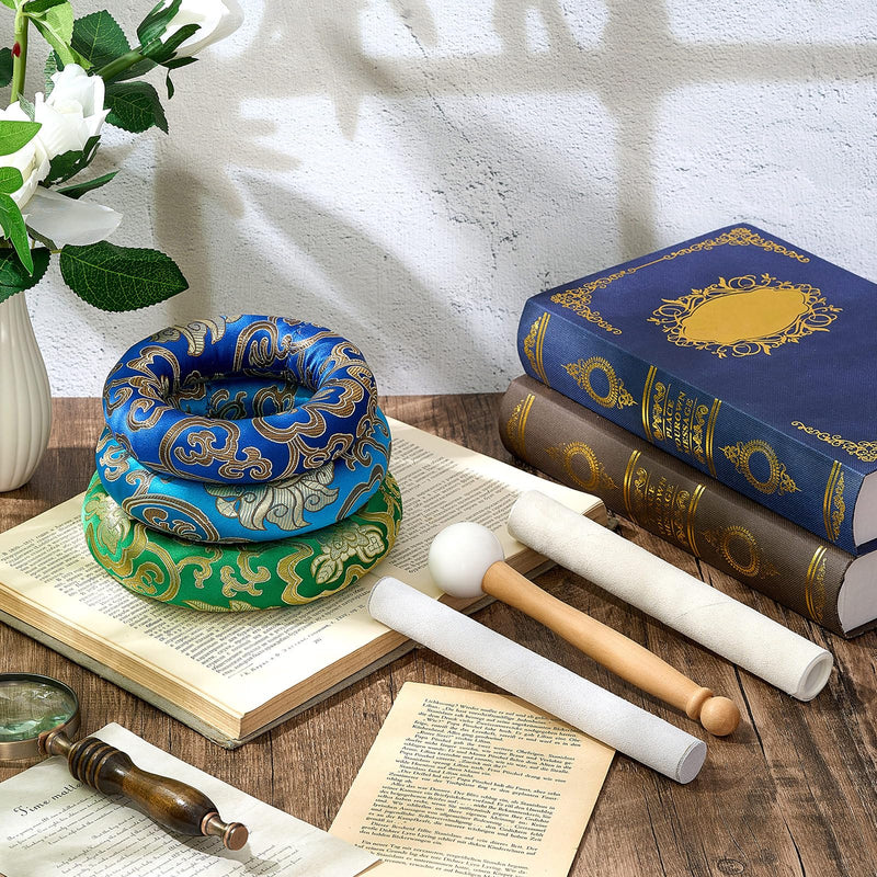 6 Pcs Singing Bowl Cushion Set 3 Silk Cloth O Ring with 3 Crystal Singing Bowl Mallet Include Solid and Hollow Stick Wood Handle Rubber Mallet for 7-9 Tibetan Sound Meditation