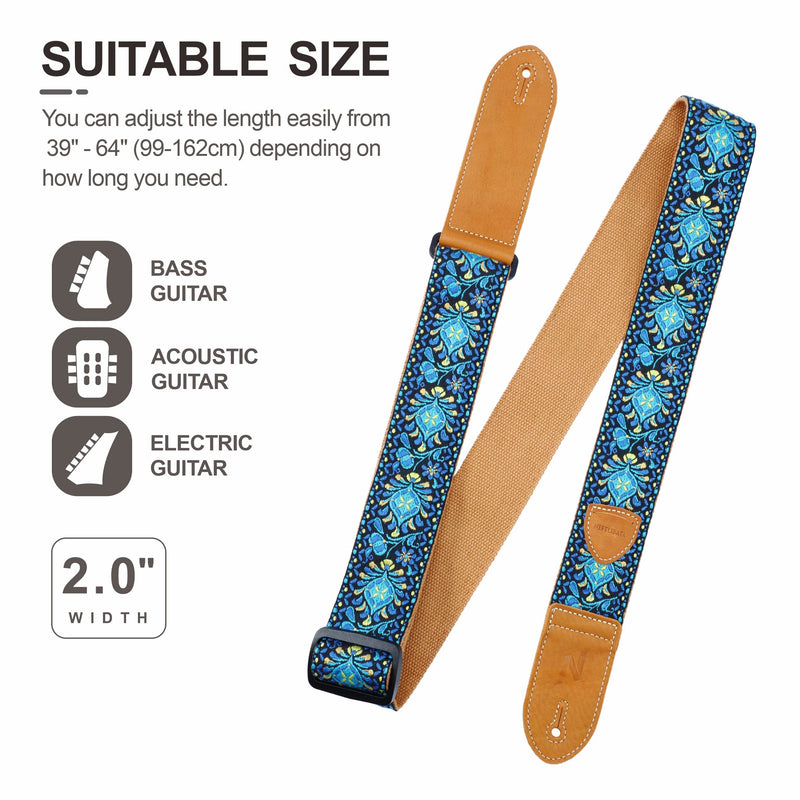 Nefelibata Guitar Strap,Double leather ends,Vintage Woven W/FREE BONUS-4 Picks+Strap Locks+Strap Button,Best Gift For Bass,Electric&Acoustic Guitars for Guitar(Vintage blue yellow embroidery) B#-vintage Blue Yellow Embroidery
