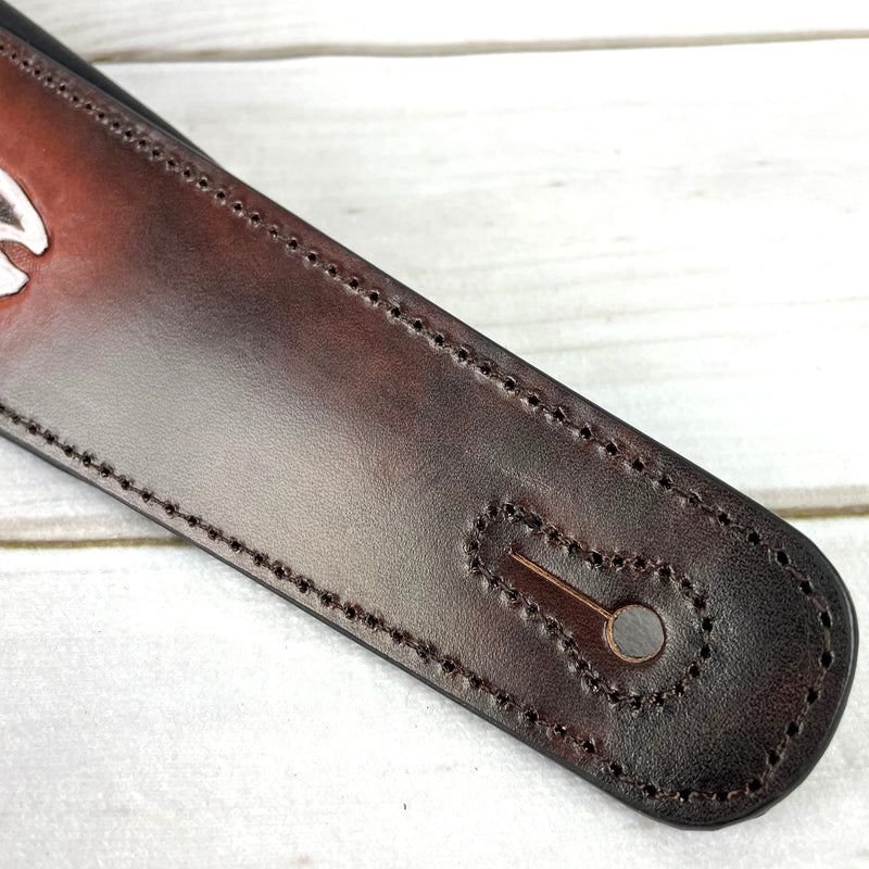 Walker And Williams KB-62 Handmade Carved Longhorn Skull Guitar Strap On Bourbon Brown Leather For Acoustic, Electric, And Bass Guitars