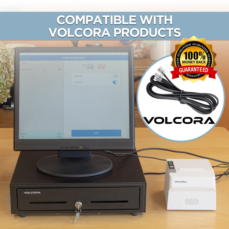 Volcora 5 Feet RJ11 / RJ12 Data Cable - Heavy Duty 6-Pins High-Speed Extension for Cash Register Drawer, Telephone, Modem, Fax, Printers, and More - Drawer Cable for Voice and Data 1 5 ft